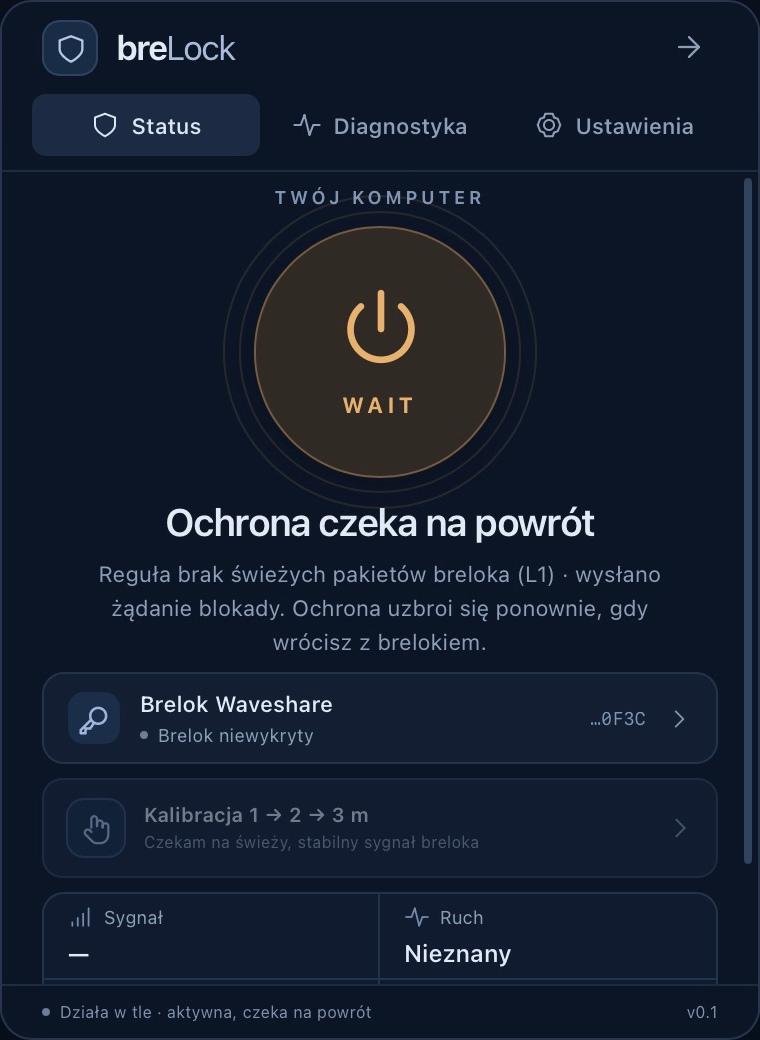 Okno statusu breLock z centralnym przyciskiem WAIT i komunikatem Ochrona czeka na powrót po utracie świeżych pakietów breloka.