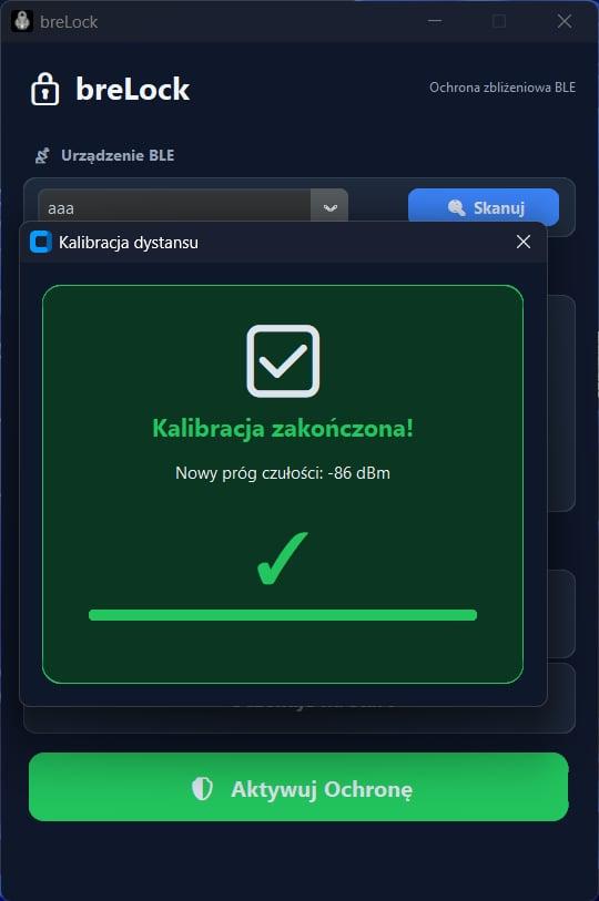 Ekran pozytywnej kalibracji strefy